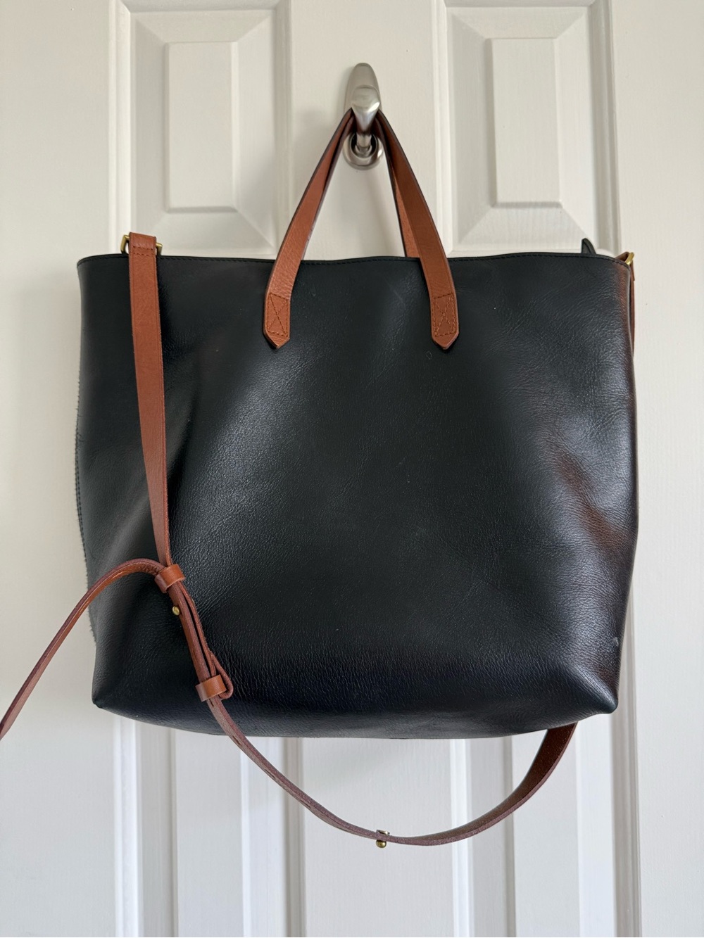 Madewell Ziptop Transport Tote in Black Leather Tote with Brown Strap